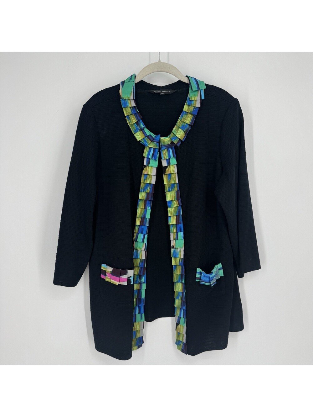 Ming Wang sweater 1x knit jacket black colorful trim abstract colorful artsy